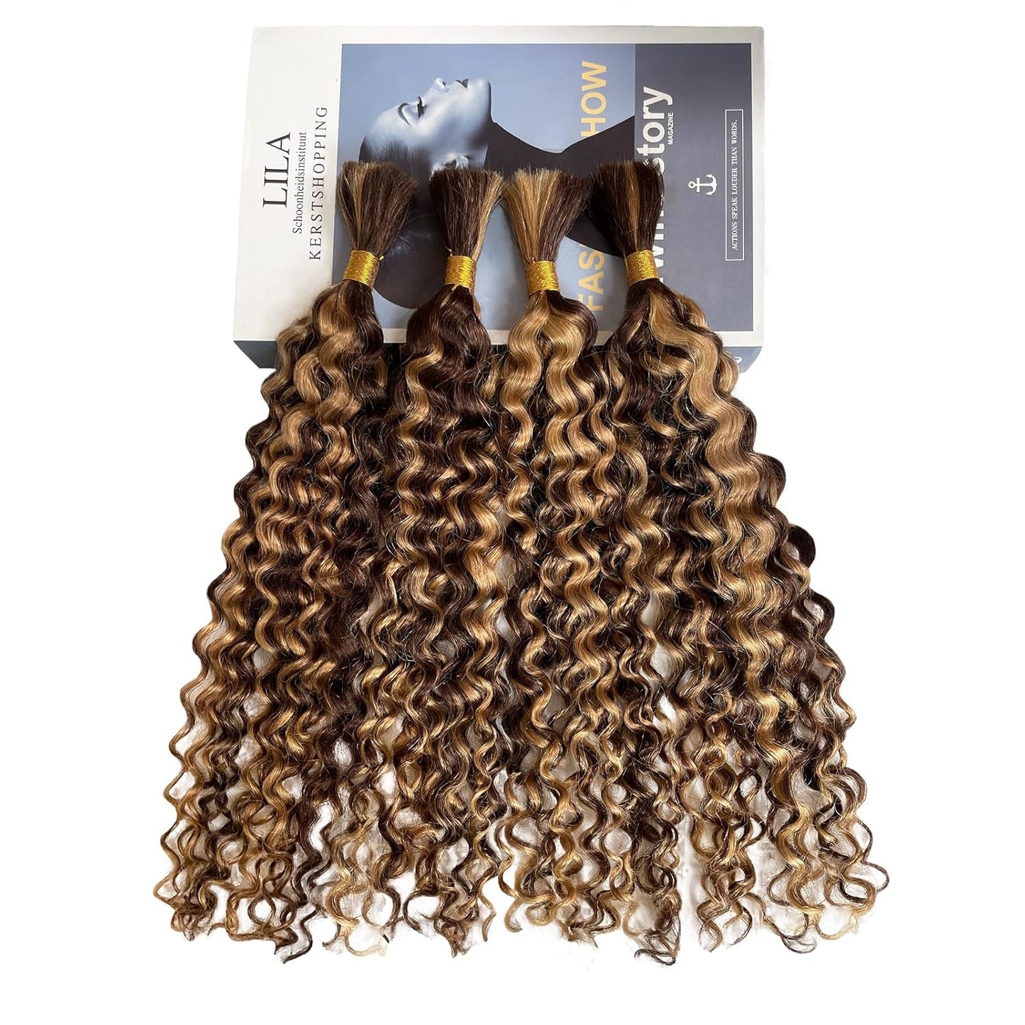 Human Braiding Hair - Deep Wave Ombre Curly Bulk Hair, 100g 2 Bundles | 14in P4/27 Highlight Brown for Boho Braids