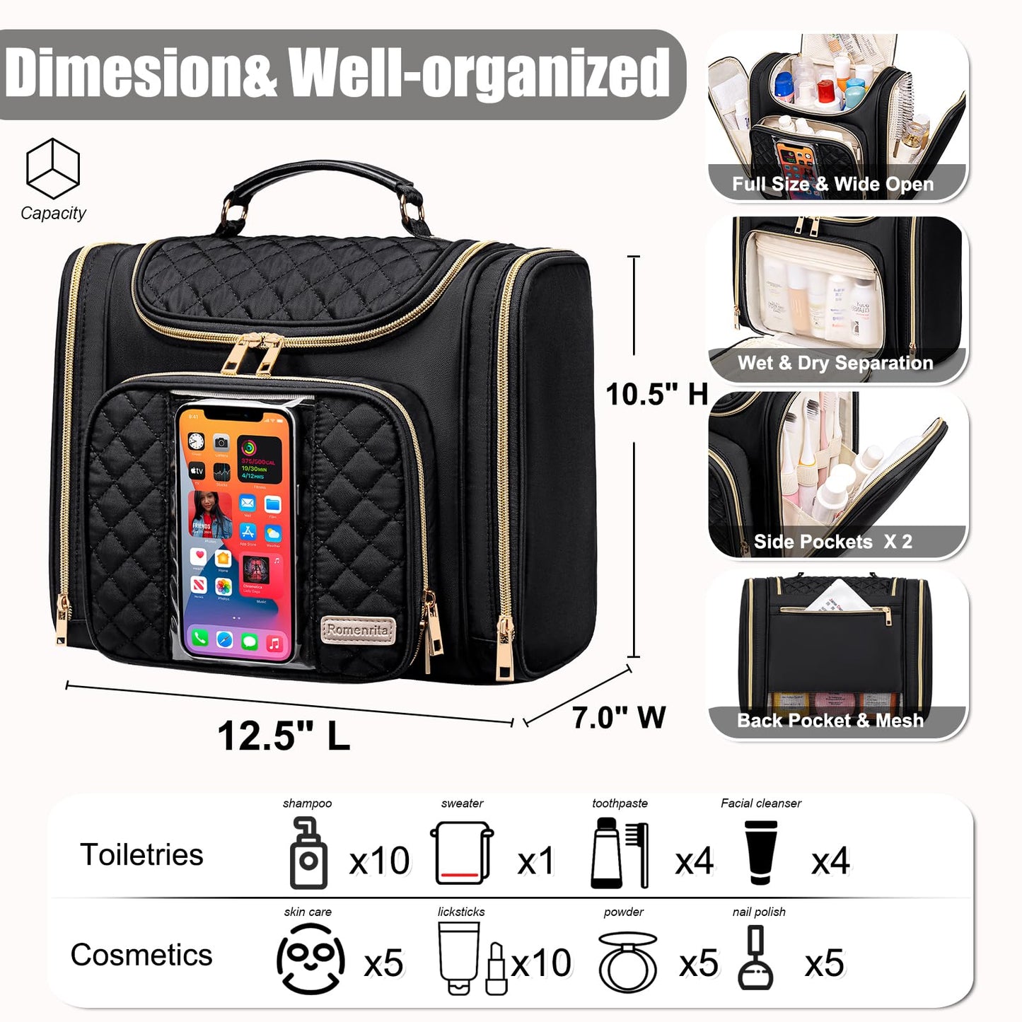 Romenrita Travel Toiletry Bag for Women, Hanging Toiletry Bag, Bathroom Bag Portable Shower Caddy for College Dorm Travel Shower Bag for Women Water-Resistant Cosmetic Makeup Bag (Pink)