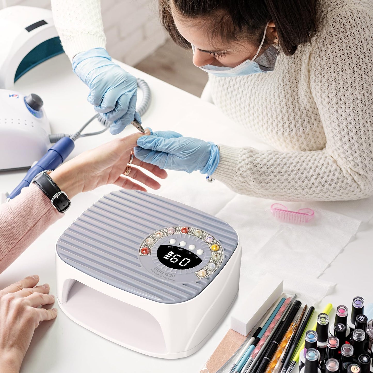 LIMEGIRL UV LED Nail Lamp Kit for Gel Polish Professional Fast Curing Grey Dryer Light Set with 45PCS Lamp Beads and Gloves Cordless Rechargeable Nail Art Cure Machine for Manicure Pedicure