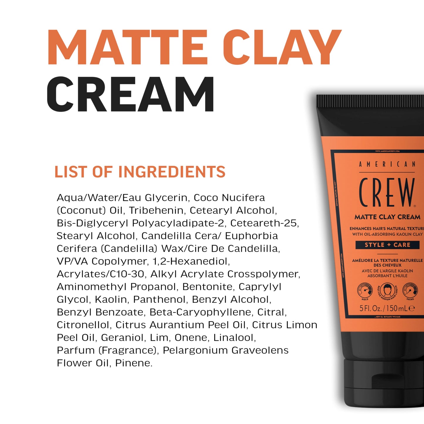 AMERICAN CREW Matte Clay Cream, Thickening & Defining Hair Clay with Kaolin Clay & Coconut Oil, Medium Hold Matte Finish for Fine & Straight Hair, 5 Fl Oz