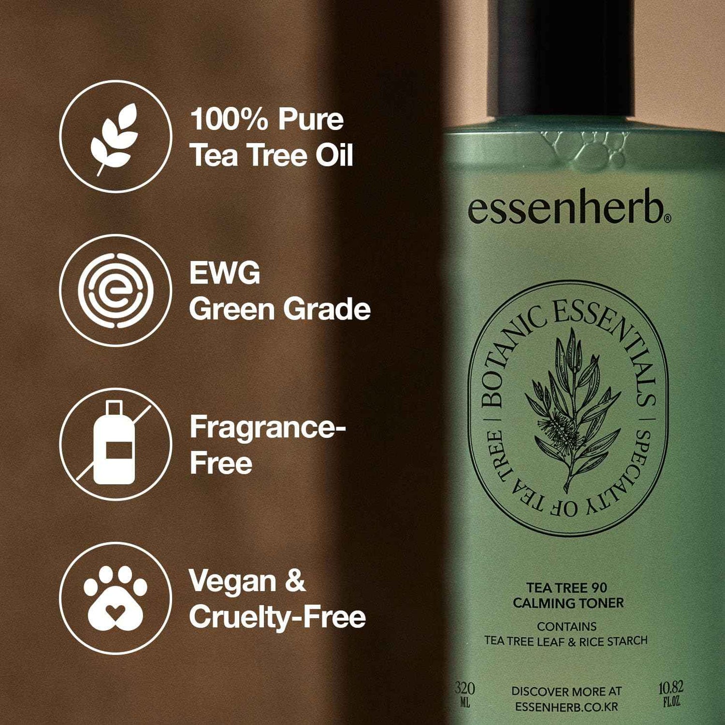 ESSENHERB Tea Tree 90 Calming Toner | Vegan | Real Tea Tree | Sebum Control | Mild Formula, Korean Skincare (320ml, 10.82oz)
