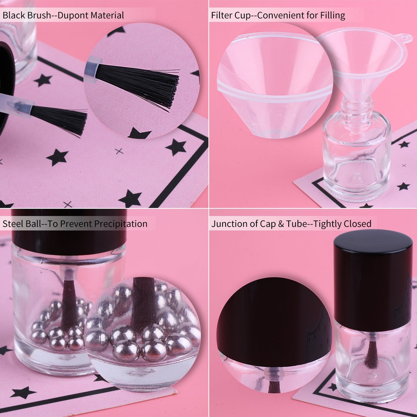 Empty Nail Polish Glass Bottles - 10ML 6PCS Set with Brush Cap, Funnel & Mixing Balls for Nail Art