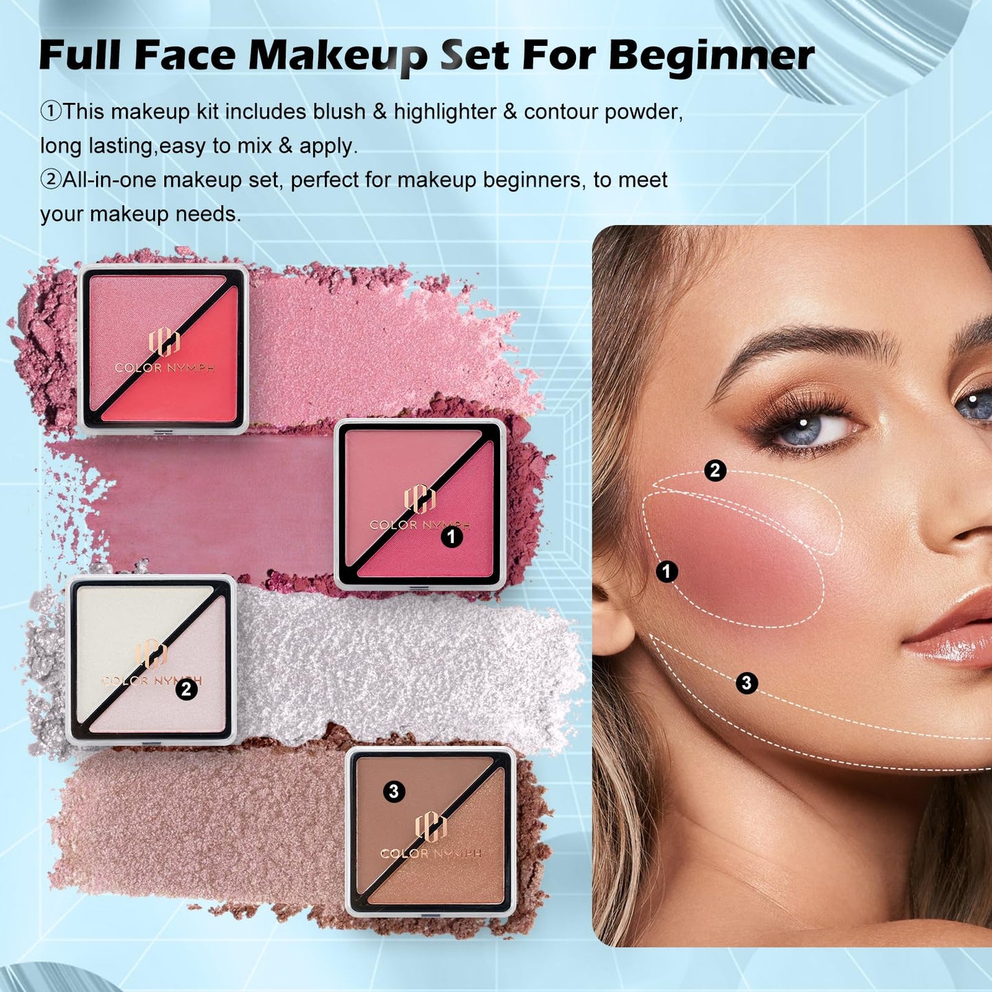 Color Nymph Makeup Kit for Teen Girls Beginner, All in One Makeup Kit for Girls with Train Case Includes Eyeshadow, Blush, Highlighter, Bronzer, Contour, Lipsticks, Eyeliner, Brushes & Mirror - White