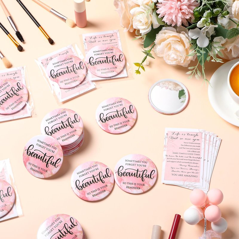 Cinnvoice 50 Sets Pink Mirror Gifts for Women Inspirational Mini Compact Mirror Bulk Small Round Pocket Makeup Graduation Gifts for Teacher Nurse Team Students Coworker (Beautiful)