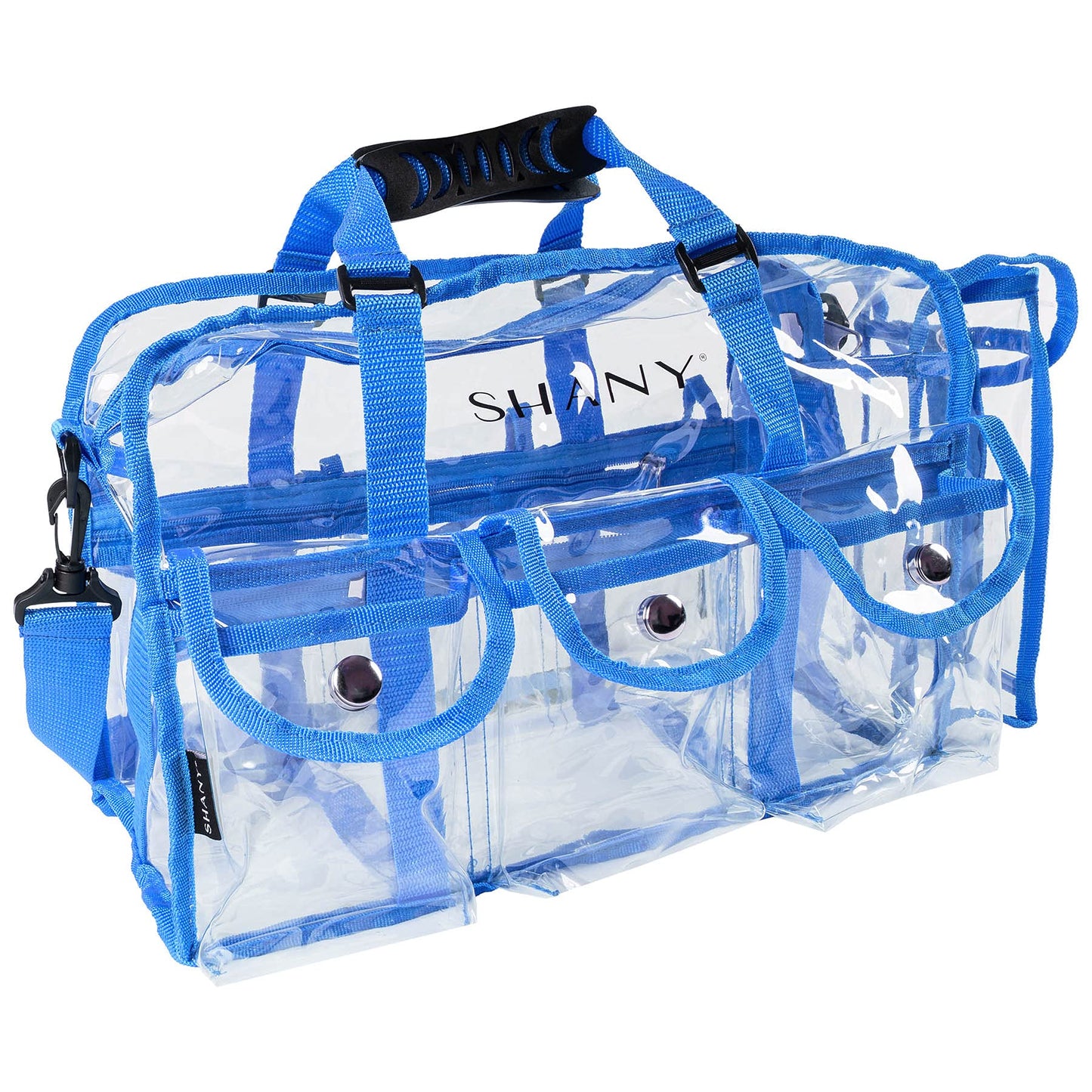SHANY Cosmetics Shany clear pvc makeup bag - large professional makeup artist rectangular tote with shoulder strap and 5 external pockets - blue, Blue