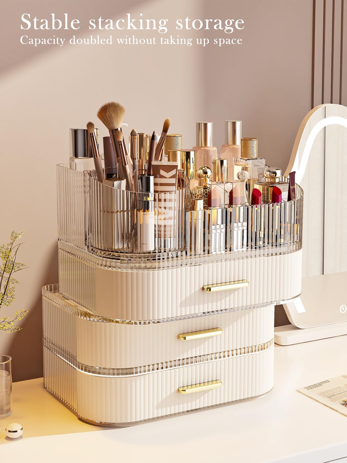 Makeup Organizer with Stackable Drawer, 360 Rotating Makeup Brush Holder, 11-inch Wide Large Cosmetic Display Case, Skincare Organizers and Storage for Dresser, Vanity, Bathroom Countertop