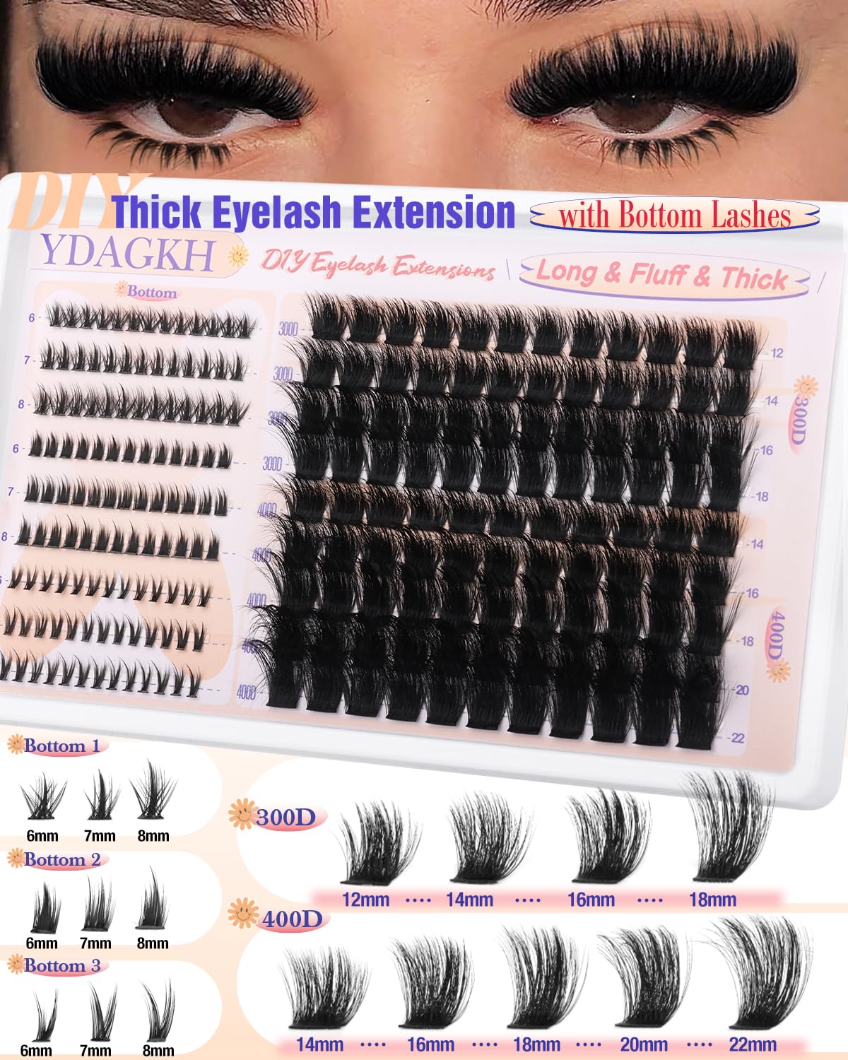 Thick Lash Clusters 300D+400D Volume Eyelash Clusters 12-22mm Long Fluff Cluster Eyelash Extensions Mega Full DIY Salon-look Wispy Lash Extension with Bottom Lashes 5 Styles 220Pcs