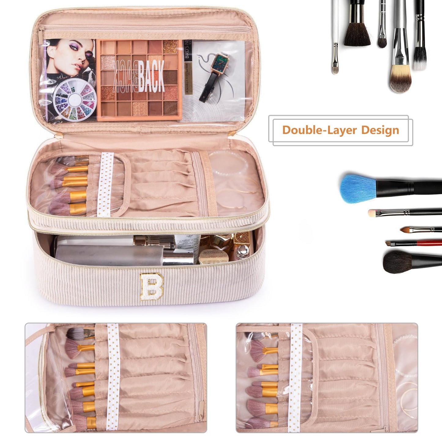 AMOIGEE Large Makeup Bag, Travel Makeup Bag Organizer, Double Layer Train Case Makeup Bag, Toiletry Bag for Makeup Brushes, Full Size Bottles, Palettes Sponge, Cosmetic Organizer