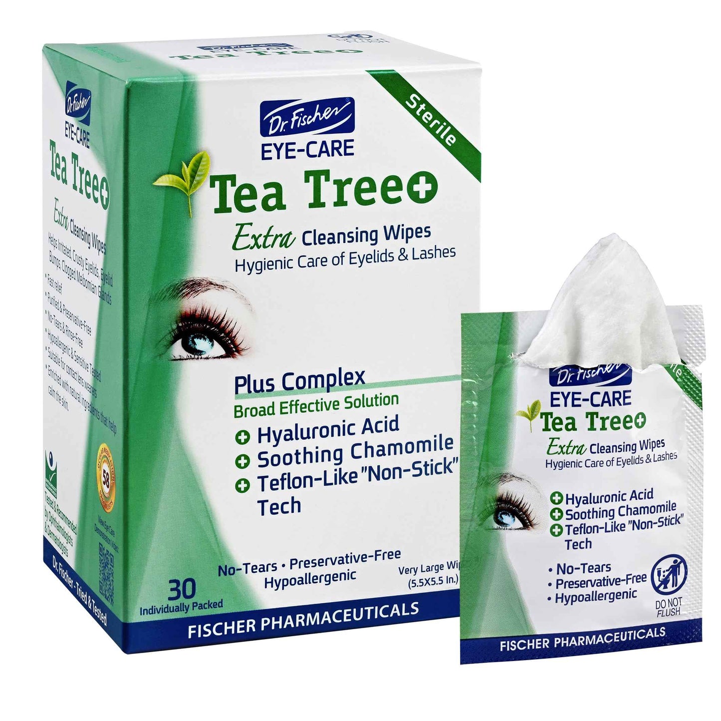 Dr. Fischer Tea Tree Oil Eye Wipes - Eyelid Wipes for Sensitive Eyes with Hyaluronic Acid and Chamomile, Makeup Remover, Daily Cleanser (30 wipes)