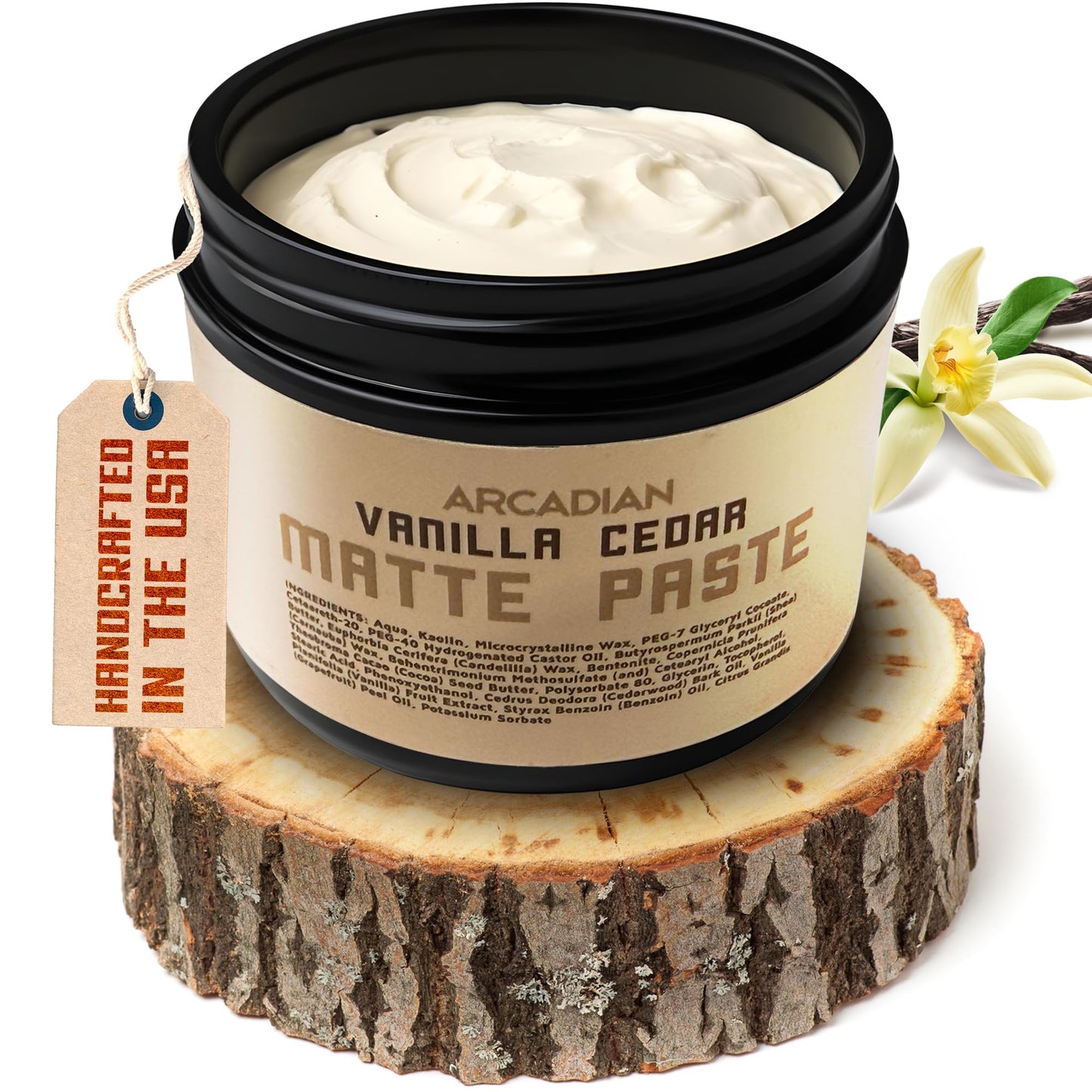 Arcadian Grooming Vanilla Cedar Matte Paste Mens Hair Styling Cream Heavy Hold Vegan Cruelty Free, 4oz
