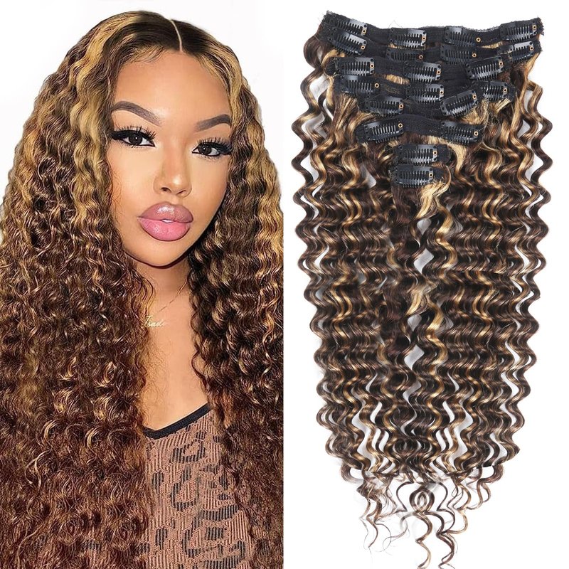Curly Clip in Hair Extensions Real Human Hair 14inch 100g Invisible & Seamless 100% Brazilian Remy Human Extension Deep Wave Clip ins Extensions Double Weft 8 PCS with 20 Clips Highlight P427