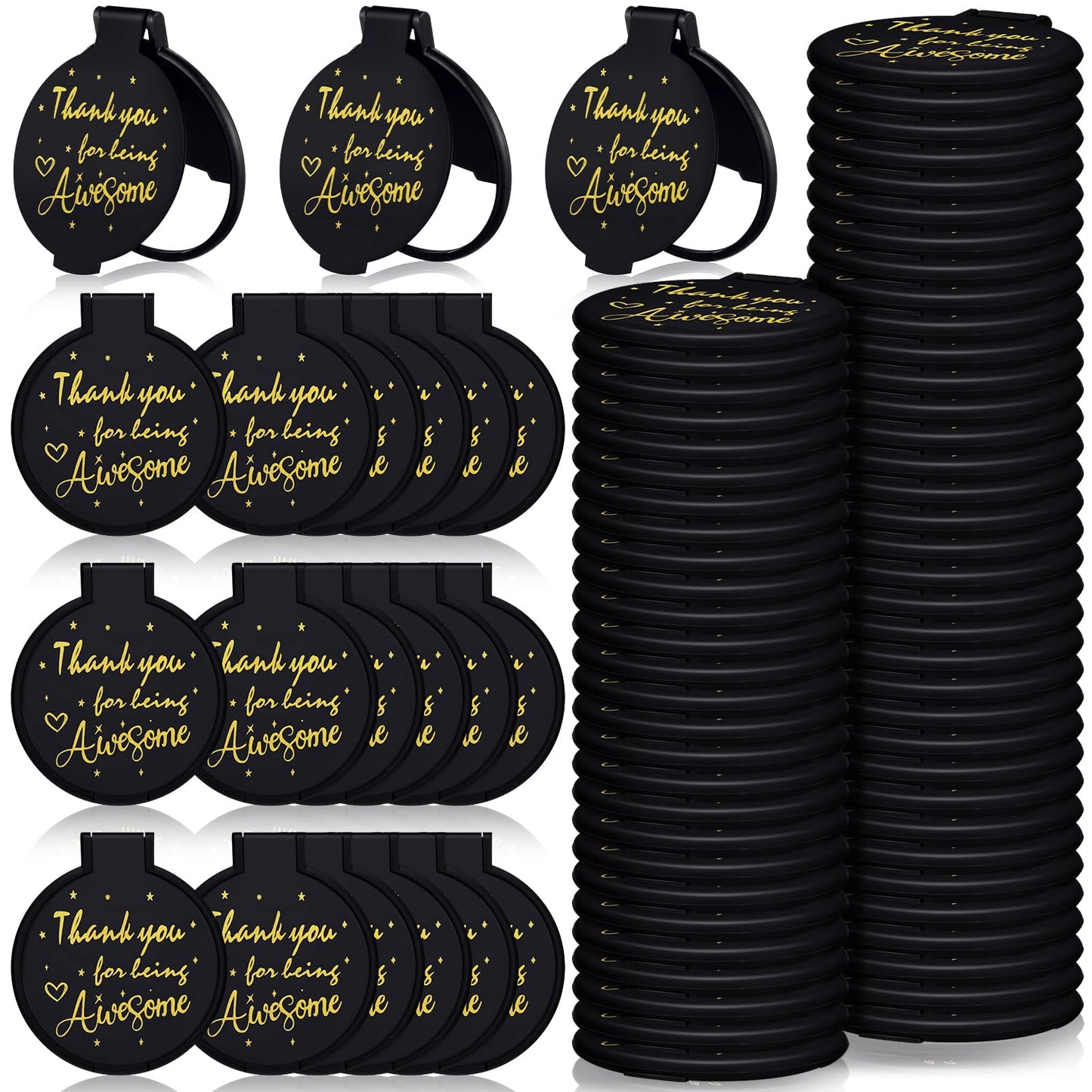 Huwena 100 Pcs Inspirational Compact Mirror Bulk Mini Gifts Women Round Purse Pocket Mirror, Mothers Day Employee Appreciation Gifts, Wedding Party Favors for Guests(Black,Thank)