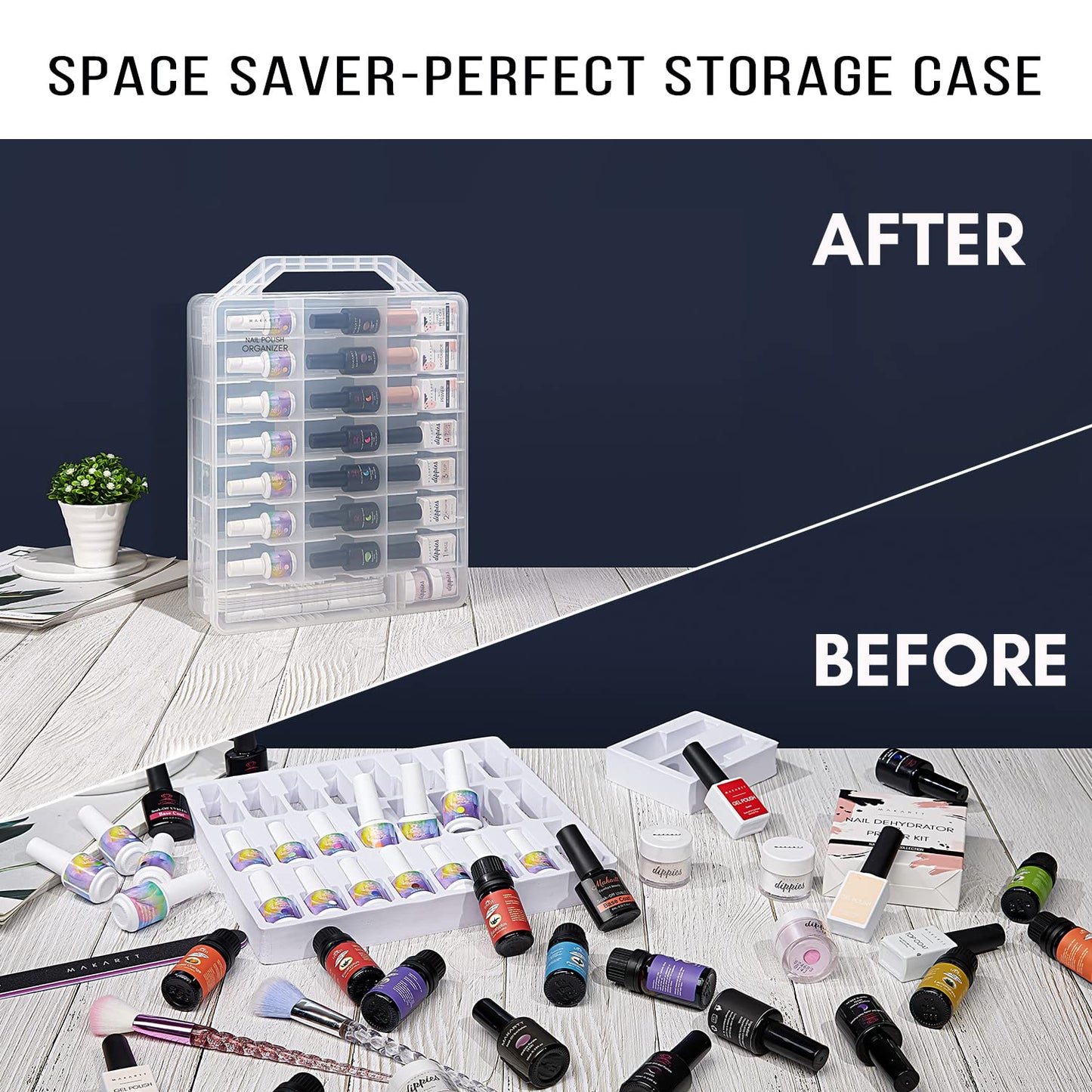 Makartt Nail Polish Organizer: Clear Universal Nail Polish Holder for 48 Bottles, Portable Sturdy Gel Nail Polish Organizer Case with 8 Adjustable Dividers, Space Saver for Nail Bottles Display Travel