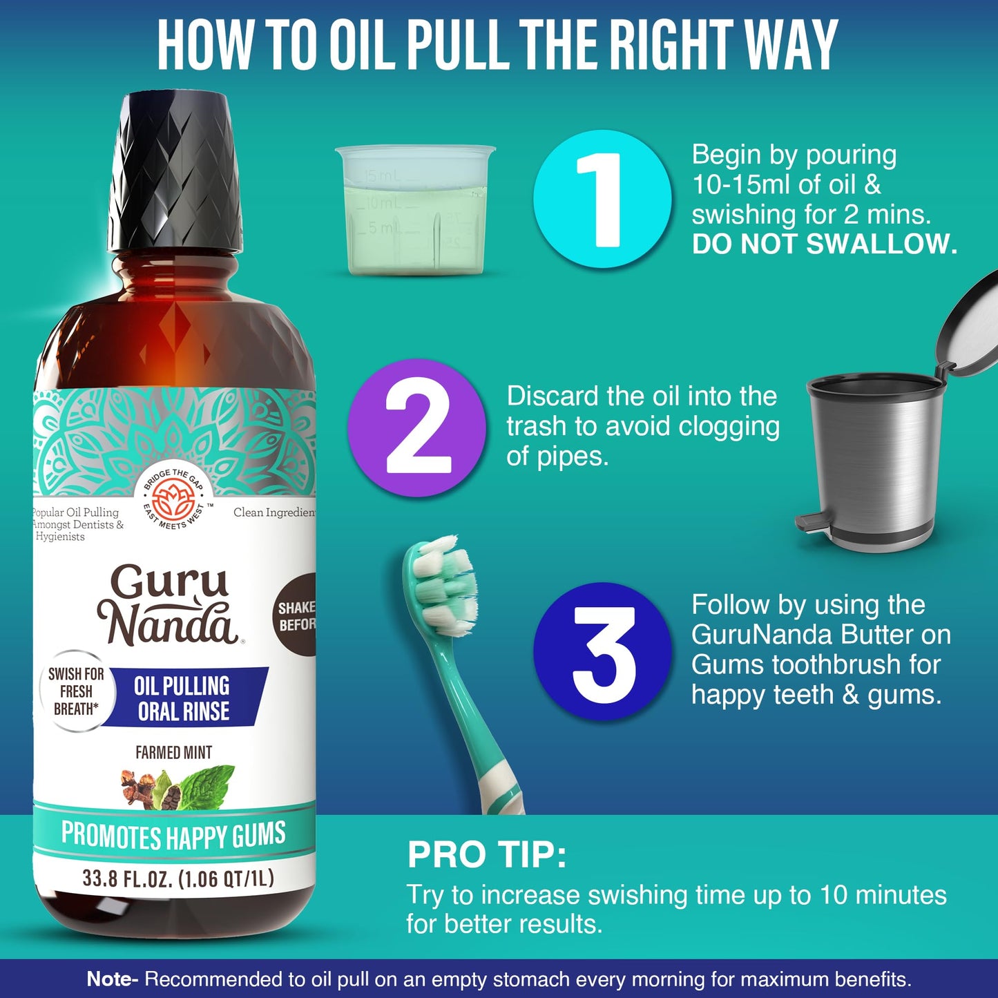 GuruNanda CocoMint Oil Pulling Mouthwash for Complete Oral Hygiene, 7 Essential Oils & Vitamins for Happy Teeth & Gums & Fresh Breath, Alcohol-Free, 33.8 Fl Oz/1L