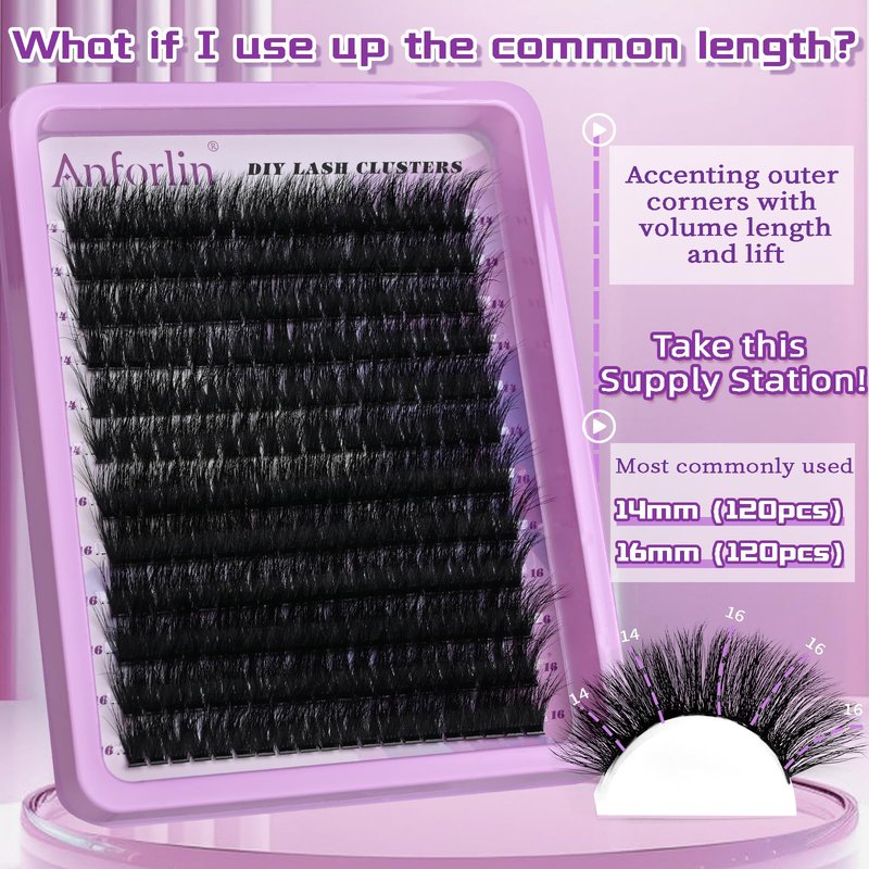 Lash Clusters 14-16mm Cluster Lashes Eyelash Extension 100D Thick Volume Eyelash Clusters 240 pcs D Curly Individual Lashes Wispy Lash Extension Supplement Pack DIY at Home by Anforlin