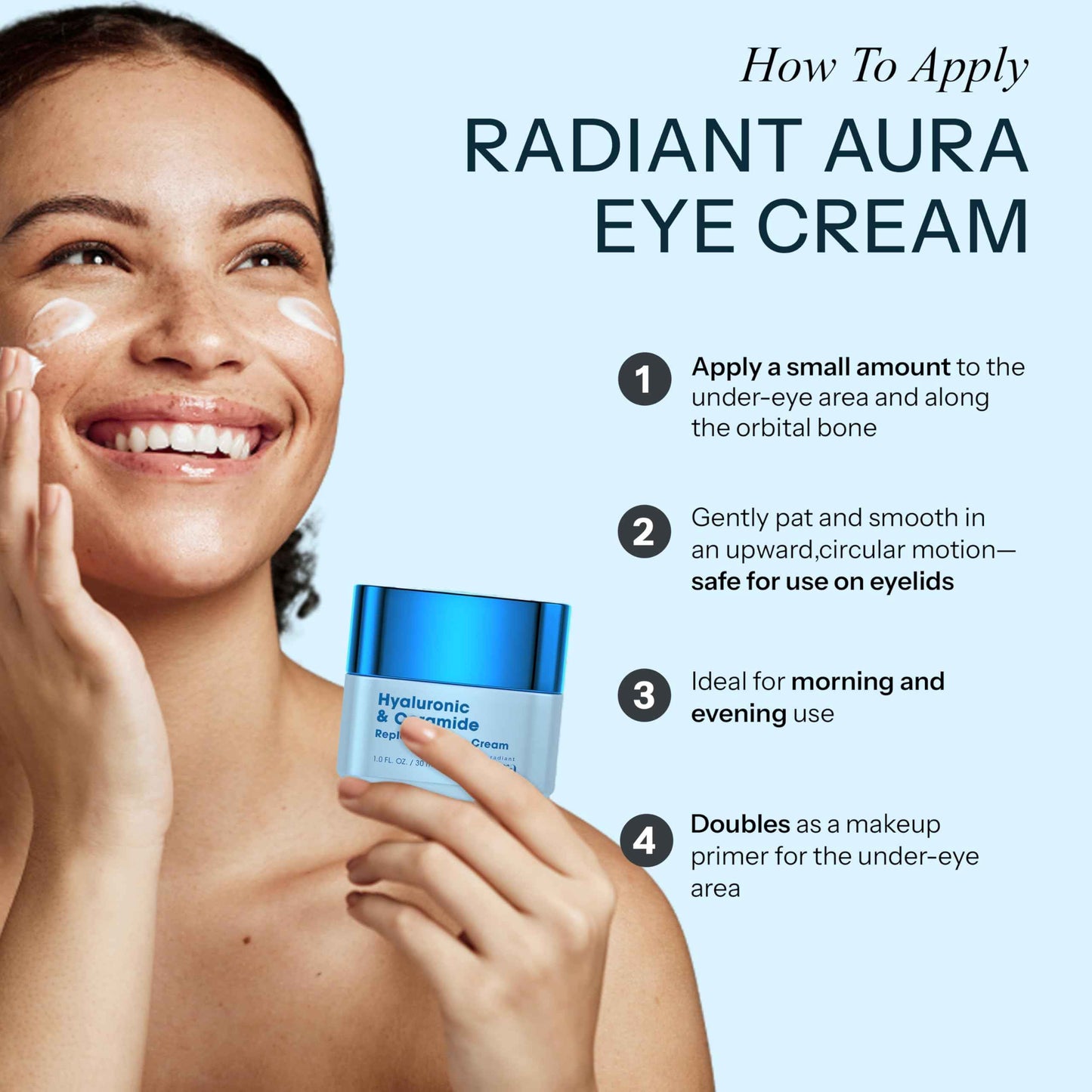Radiant Aura Eye Cream - Anti-Aging Cream with Hyaluronic Acid & Ceramides - Hydrating Formula for Dark Circles, Puffiness & Fine Lines - Korean Skincare - 1 oz - Pack of 2
