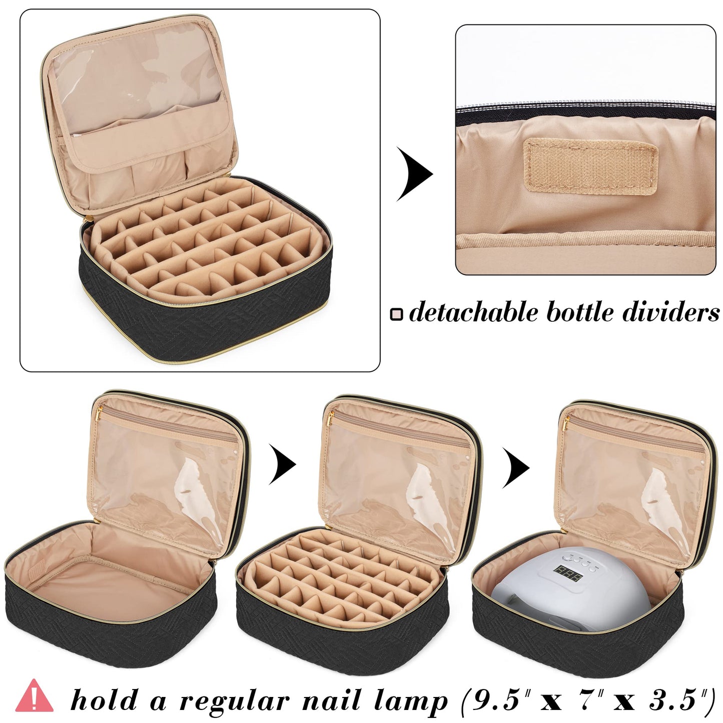 LUXJA Detachable 2 Layers Nail Polish Organizer - Hold 60 Bottles (15ml - 0.5 fl.oz), Nail Polish Case with Tools Storage Pockets (Patented Design), Black