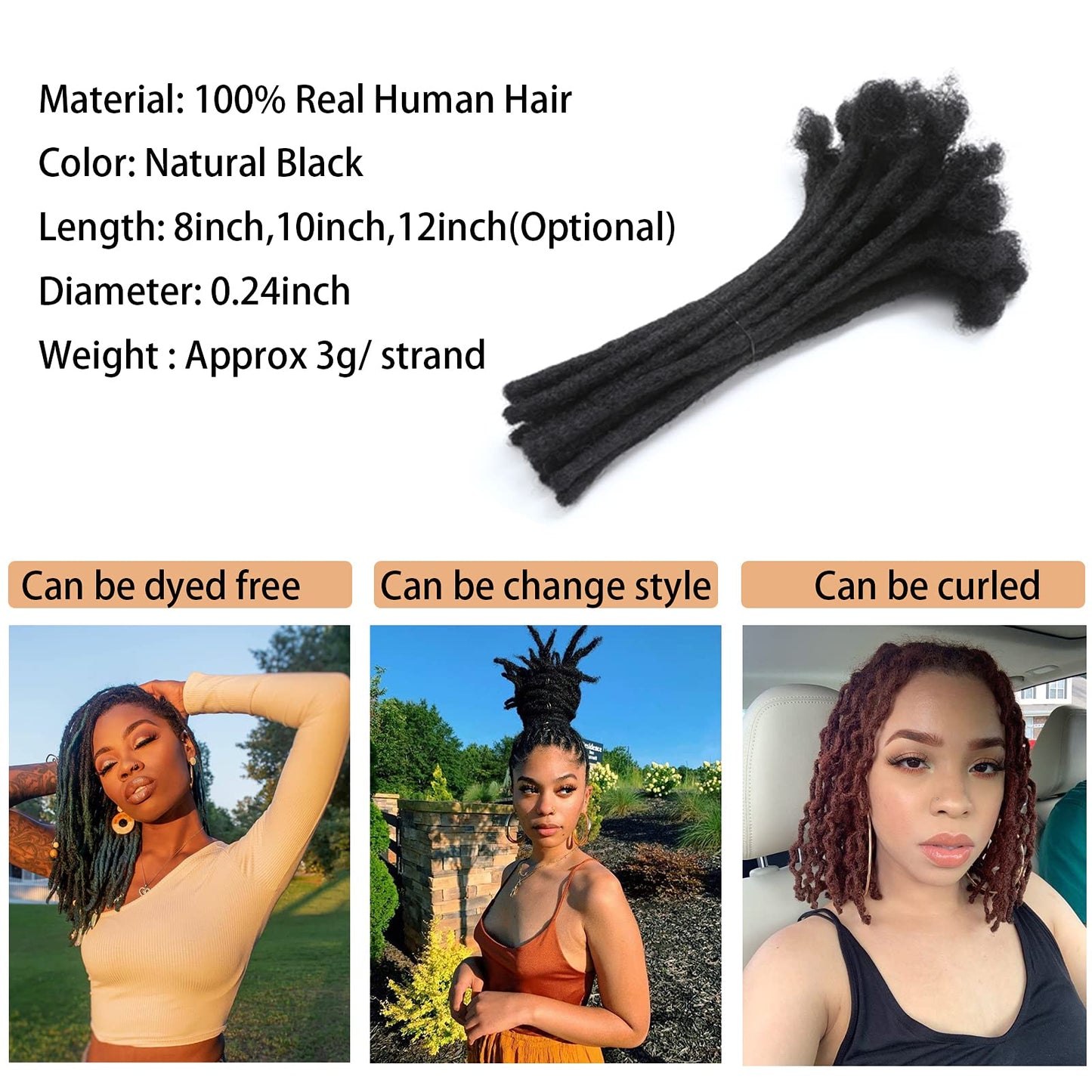 WacanDan Dreadlock Extensions, 8inch Human Hair, 30 Strands, Natural Black, Handmade Solid Color Crochet Loc Extensions, 0.6cm Width, Hair Extension for Women/Men/Kids