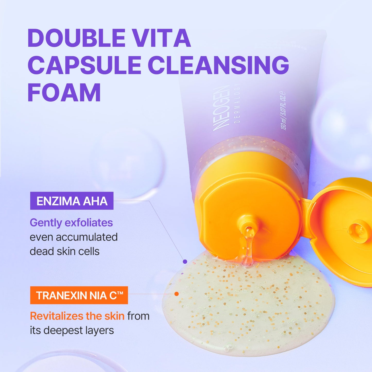 DERMALOGY by NEOGENLAB Double Vita Capsule Cleansing Foam, Vitamin-Rich Daily Face Cleanser with AHA/BHA & Yuzu Lime Extract, Brightening & Hydrating Gel-to-Foam Cleanser, All Skin Types, 5.07 fl oz