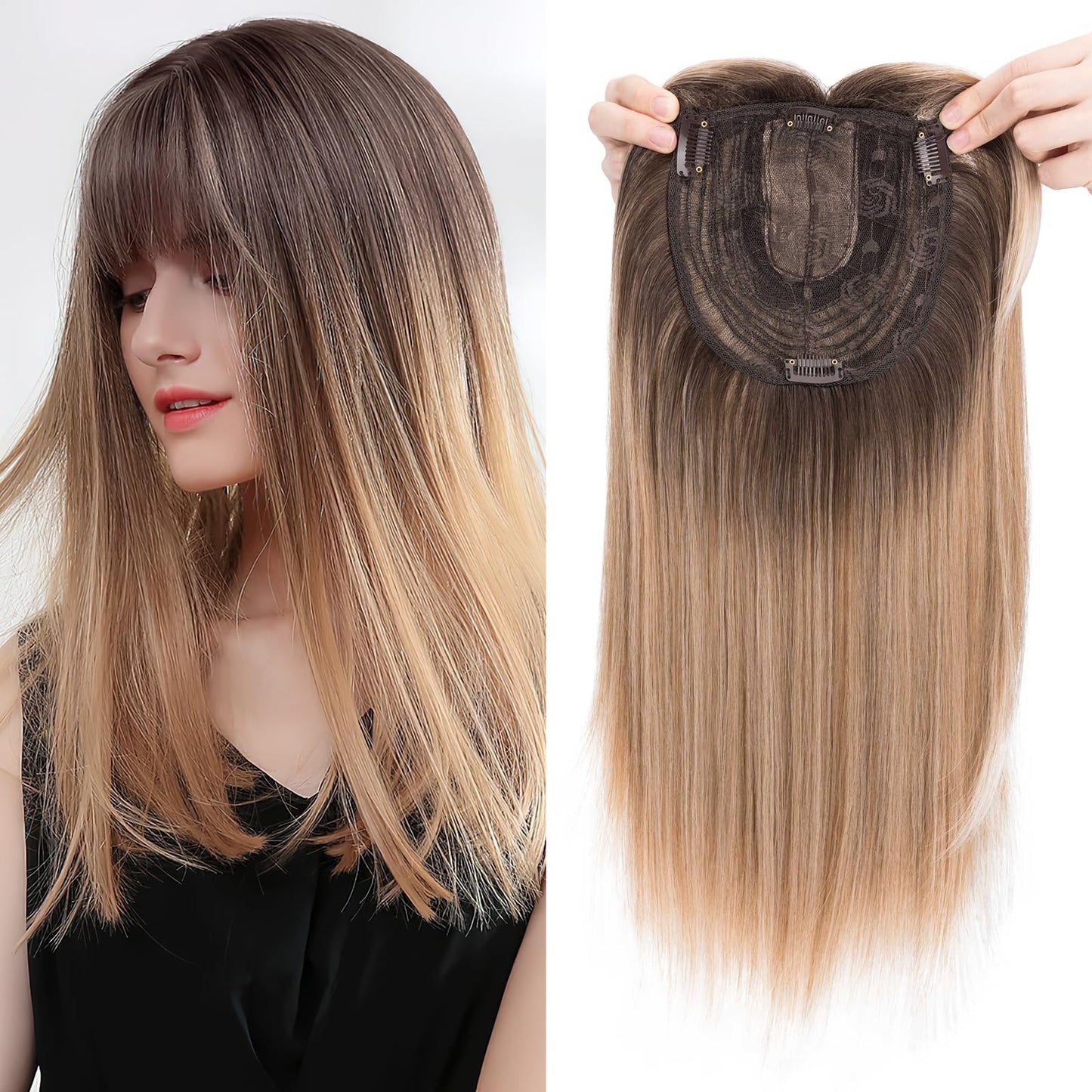 SEGOHAIR Synthetic Hair Topper for Women, 6"x6" Lace Base, Covers Gray Hair, Thinning, High Hairlines, Soft Natural Straight, 4 Clips, Center Parted Bangs 18" Mixed Blonde to White with Dark Root