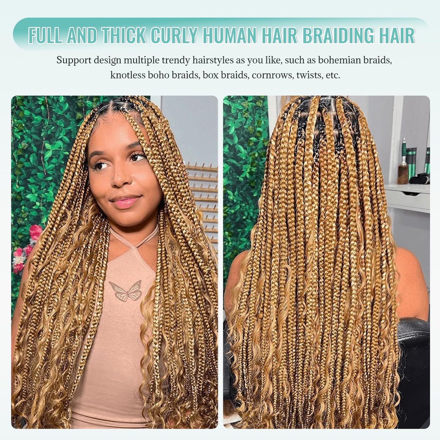 Deep Water Wave Bulk Human Braiding Hair #27 Honey Blonde Curly Braiding Hair for Boho Braids 18 Inch 100G 2 Bundles No Weft Wet and Wavy Brazilian Virgin Human Hair Extensions for Black Women