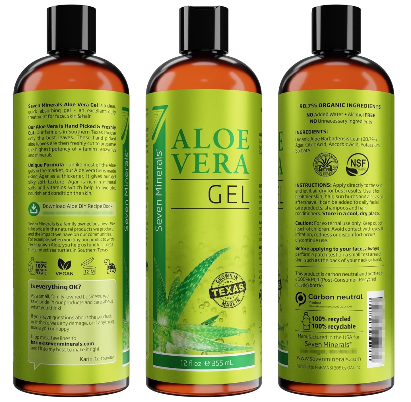 Organic Aloe Vera Gel - 100% Pure, Vegan, Unscented - 12oz for Face, Skin, Hair & Sunburn Relief