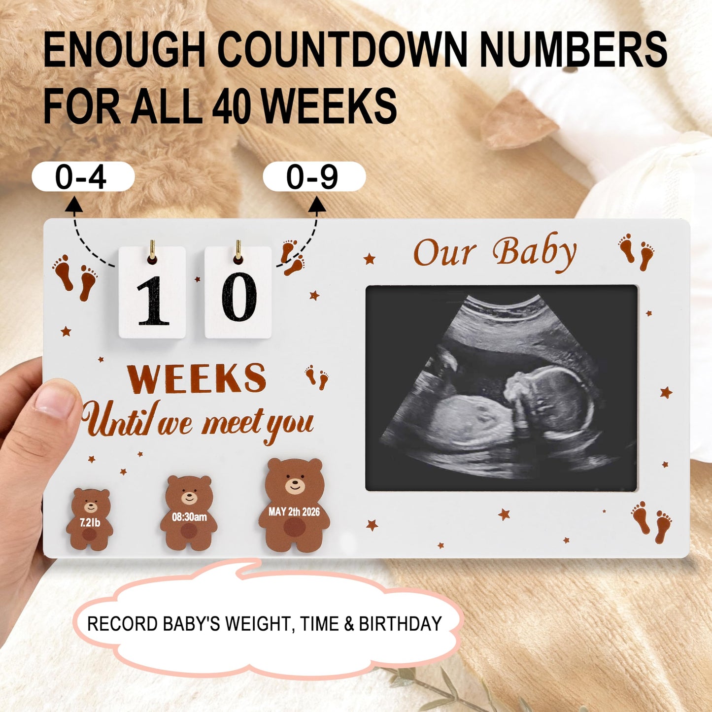 DACO MIN Baby Sonogram Picture Frame with Countdown Weeks, 4"x3" Ultrasound Photo Frame with Inkless Handprint Kit, Bear Pregnancy Announcement Gift for Expecting Mom Dad, Grandparents Reveal (Brown)