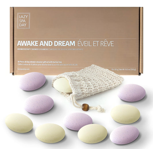 Lazy Spa Day - Energize with Awake: Lavender, Chamomile, Jasmine. Relax with Dream: Lemon, Eucalyptus, Grapefruit. 10-Piece Shower Steamer and Shower Bombs Aromatherapy Gift Set with Burlap Bag