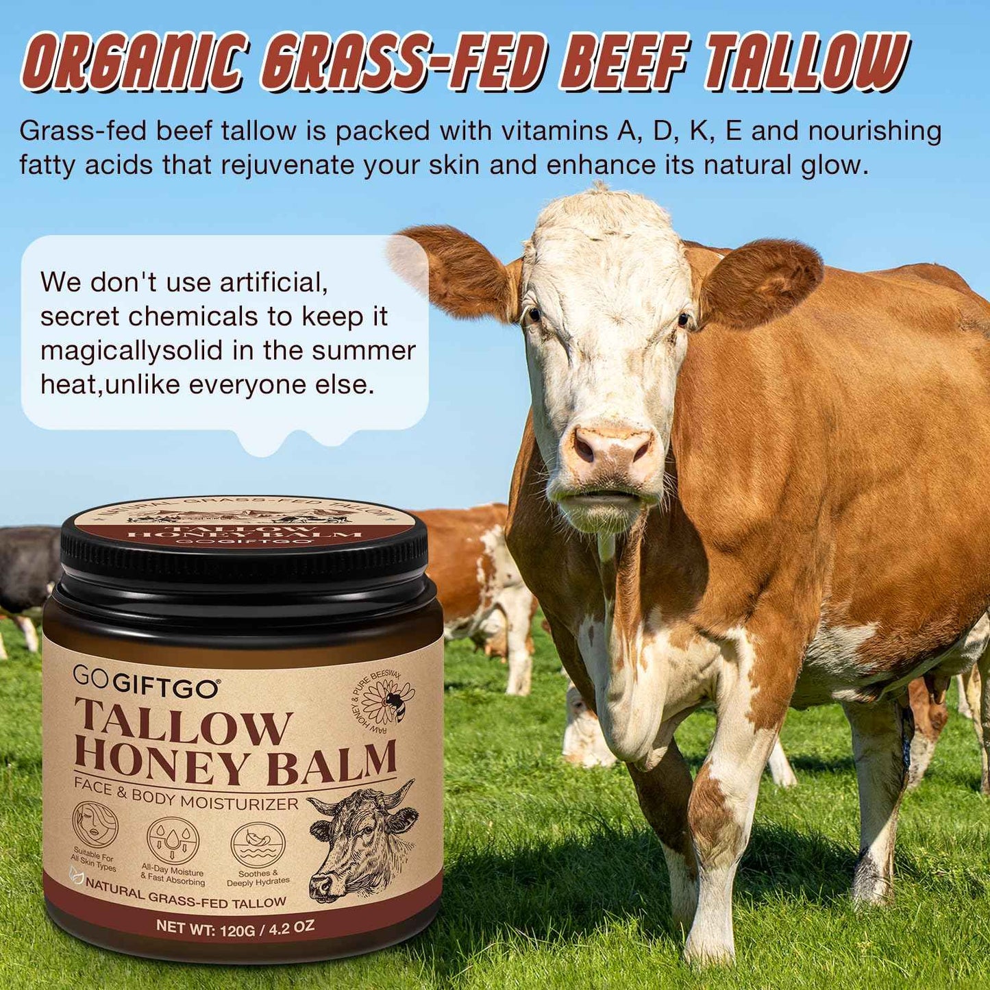 GOGIFTGO Beef Tallow for Skin,Tallow and Honey Balm,Beef Tallow for Face,Tallow Face Moisturizer,Natural Moisturizer Hydrates,Deeply Nourishes the Skin, Enhances Natural Radiance (1pcs)