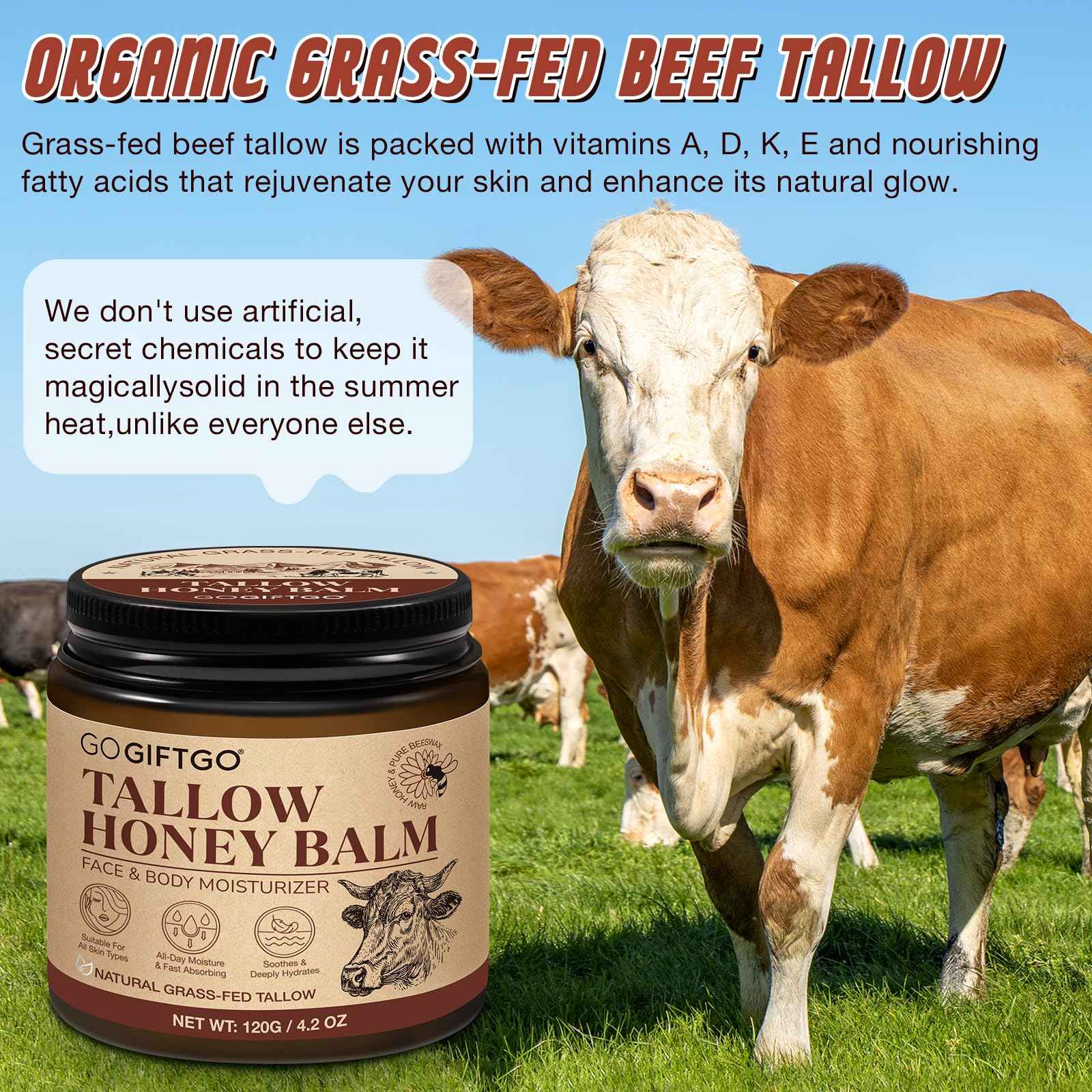 GOGIFTGO Beef Tallow for Skin,Tallow and Honey Balm,Beef Tallow for Face,Tallow Face Moisturizer,Natural Moisturizer Hydrates,Deeply Nourishes the Skin, Enhances Natural Radiance (1pcs)