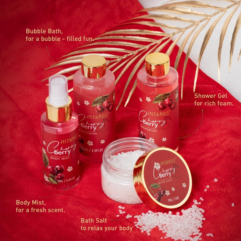 Spa Gifts for Women, Cherry & Berry Spa Gift Set for Teenage Tote Bag, Shower Gel, Hand & Body Lotion, Hitrees Birthday for Best Friend Woman, Mom, Mothers Day,Christmas Gift for Women