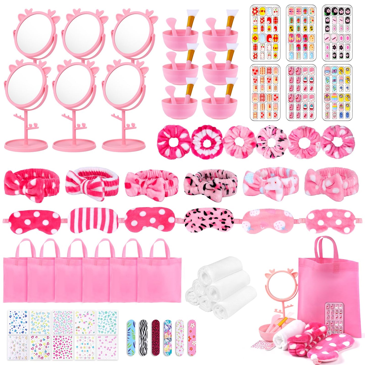 Guifizeiom 76Pcs Sleepover Party Supplies Slumber Spa Parties Kit for Girls Women, Headbands, Eye Mask, Towels, Scrunchies & Nail Supplies(Pink)