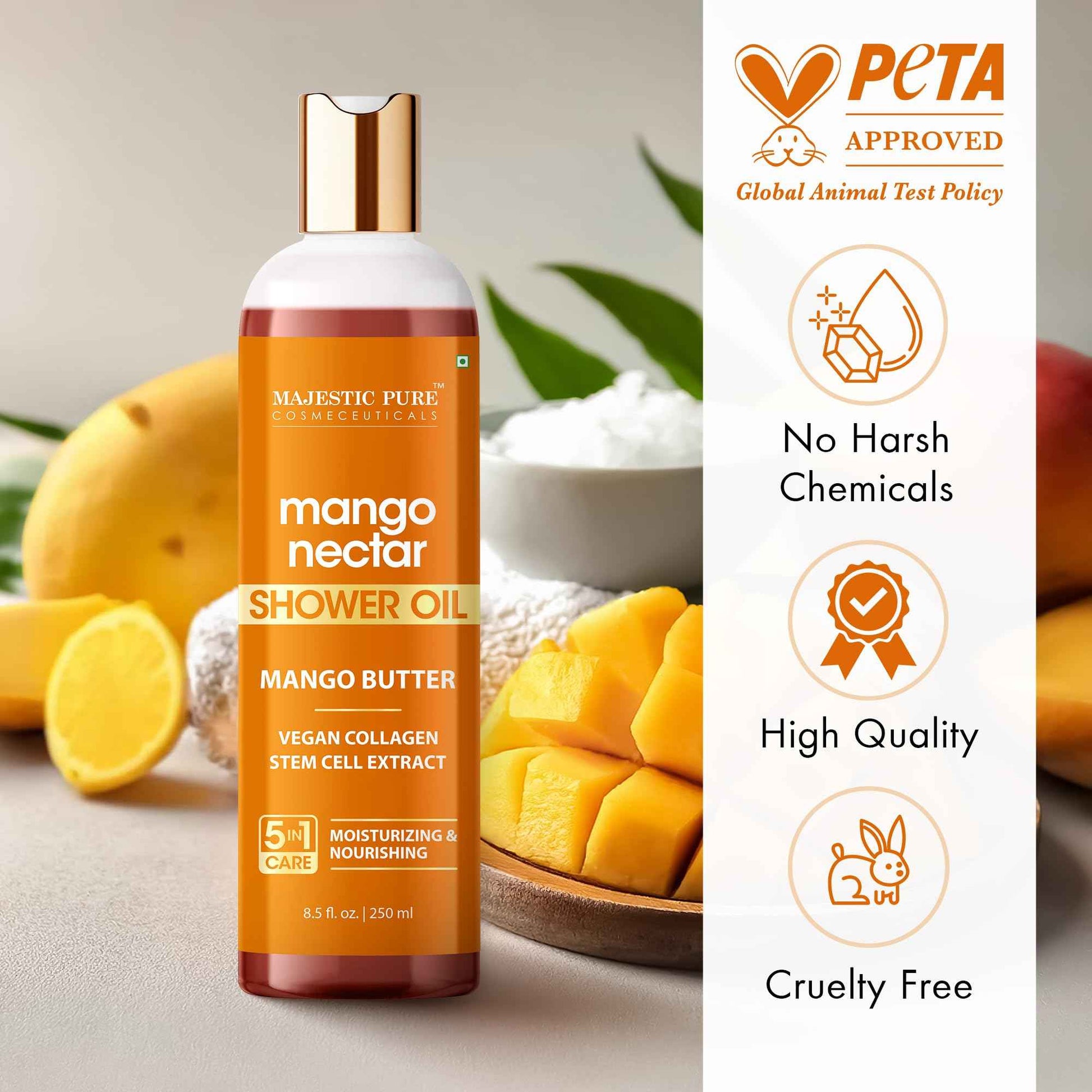 Majestic Pure Mango Nectar Shower Oil, Moisturizing with Mango Butter and Vegan Collagen, 8.5 fl oz