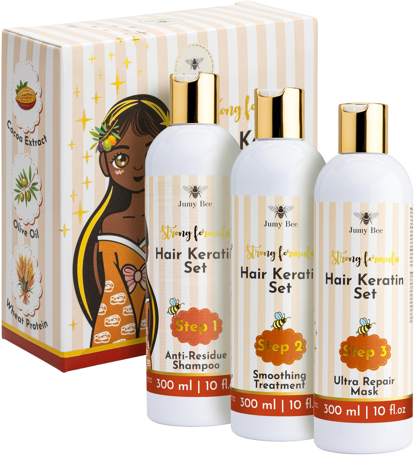 Brazilian Keratin Treatment Kit - Jumy Bee 3 Steps | Formaldehyde-Free At Home Hair Straightening & Smoothing System |Keratina para Alisar el Pelo | Anti-Frizz Repair Mask & Shampoo (10 Fl OZ)