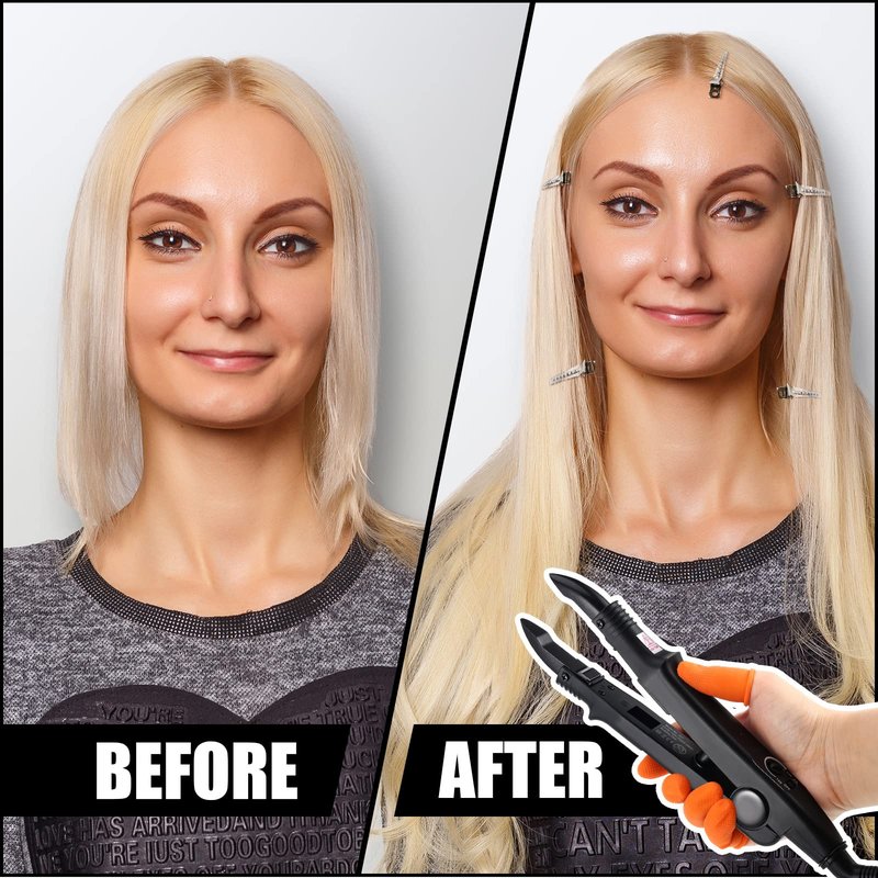 Keratin Hair Extension Kit: Heat Iron, Keratin Glue Granules, Protector Templates, Hair Clips, and Finger Protector(Black)
