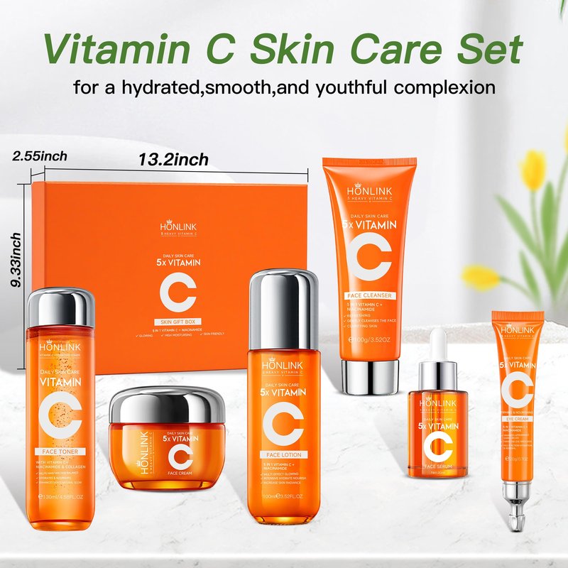 Glown 6-Piece Hydrating Skincare Set with Vitamin C & Niacinamide | Face & Body Care Kit with Cleanser, Toner, Serum, Moisturizer, Eye Cream & Body Lotion | Self-Care Gift Set for Women