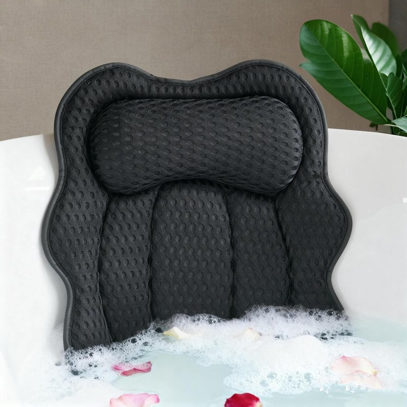 Bath Pillow for Tub - Ergonomic 4D Air Mesh Cushion for Head, Neck & Back Support | Quick-Drying & Machine Washable (Black)