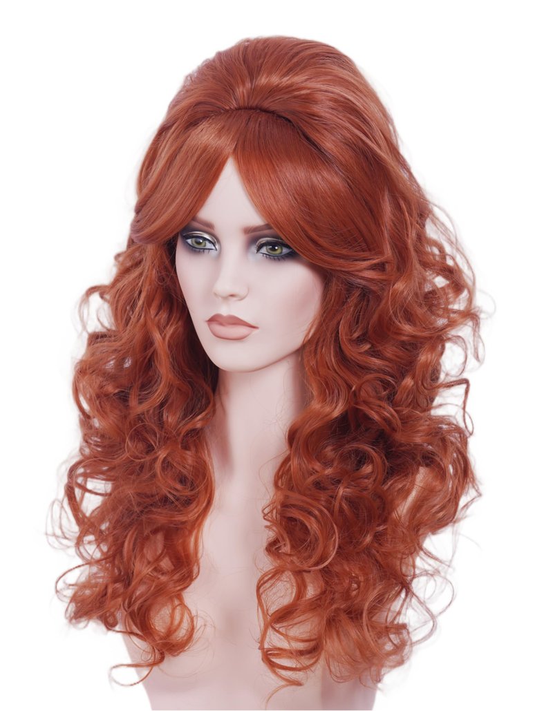 NJJYXH 22 Inches Retro Beehive Ginger Wigs for Women Long Wavy Copper Red Wig with Bangs Synthetic Natural Auburn Wig for 60s 70s 80s Cosplay,Halloween,Daily Use