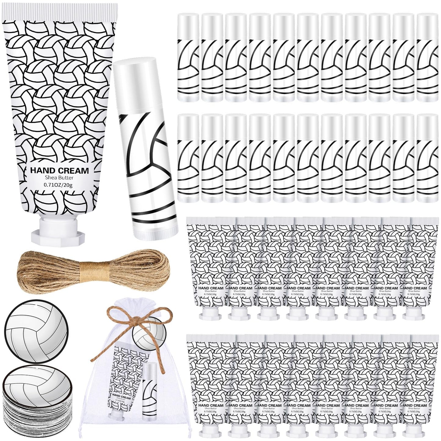 Heigble 144 Pcs Lip Balm Hand Cream Set Party Favors, Include 36 Lip Balm 36 Moisturizing Hand Cream 36 Bags 36 Cards and Ropes for Accessories Gifts(Black and White,Volleyball)