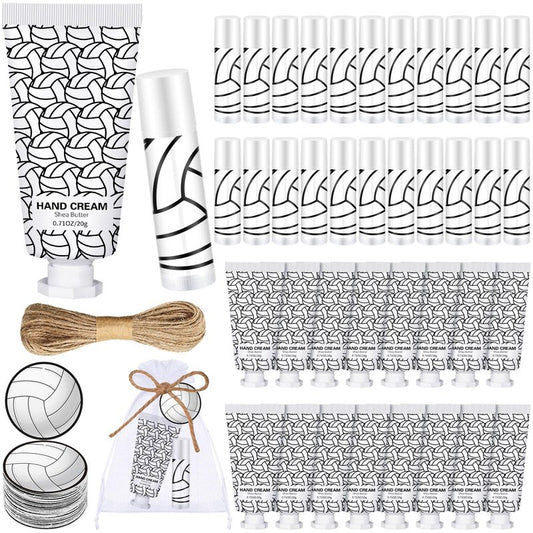 Heigble 144 Pcs Lip Balm Hand Cream Set Party Favors, Include 36 Lip Balm 36 Moisturizing Hand Cream 36 Bags 36 Cards and Ropes for Accessories Gifts(Black and White,Volleyball)