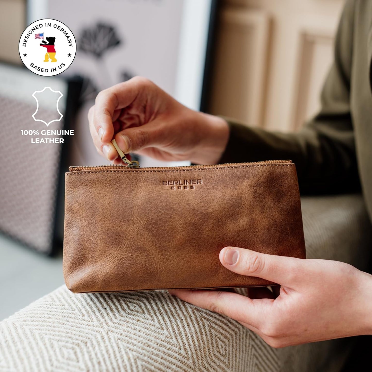 Vintage Genuine Leather Makeup Bag | Anna Cosmetic Pouch for Travel - Brown