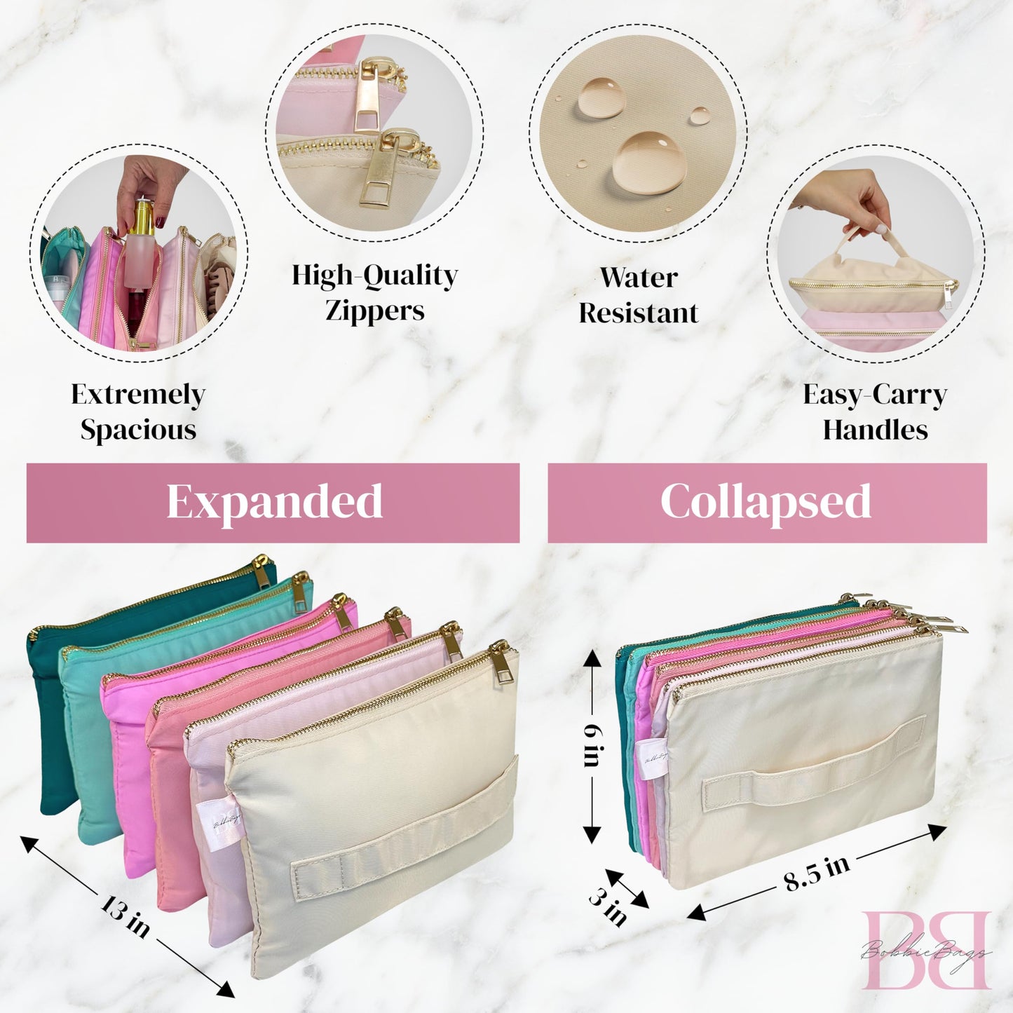 BOBBIE Accordion Travel Makeup Bag, Large Capacity Cosmetic Bags for Women, Durable & Compact Make up Organizer, Lightweight & Portable Zipper Pouch, Water-Resistant Toiletry Bag with 6 Compartments