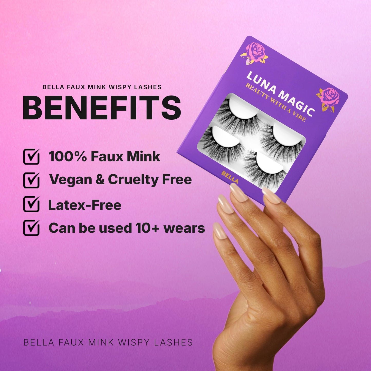 Luna Magic Bella Faux Mink Wispy Lashes with Soft Band, Reusable up to 10x, Lightweight Eye-Enhancing Design for Natural or Dramatic Eye Looks - Vegan & Cruelty-Free Eyelashes - 13MM – 3 Pair