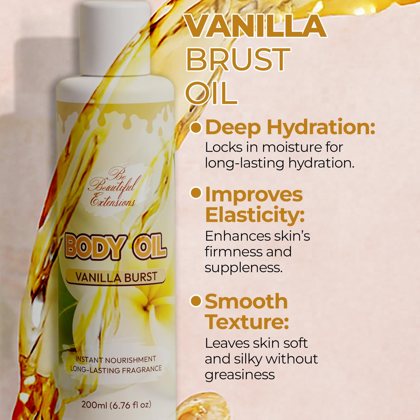 Body oil designed for Deep Hydration to nourish, protect, and rejuvenate the skin while leaving it with a soft, radiant glow and a vanilla scent long -lasting fragrance jojoba oil and more 6.76oz