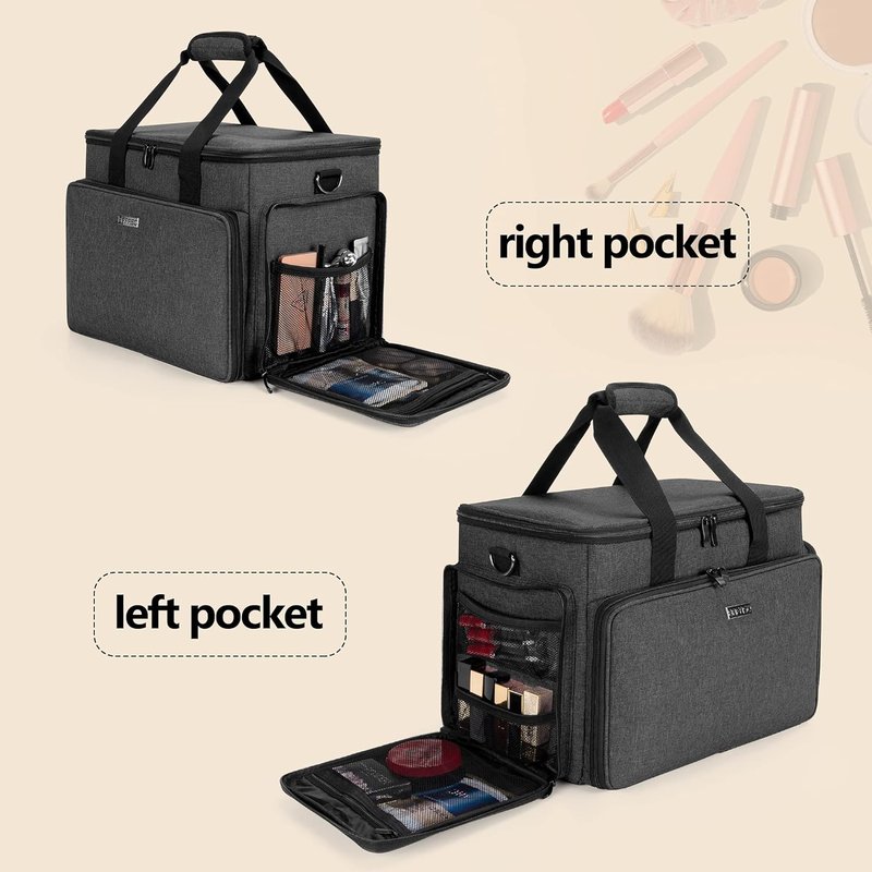 Large Cosmetic Bag - Makeup Organizer with Adjustable Dividers | Travel Case for Cosmetics & Hair Supplies - Black