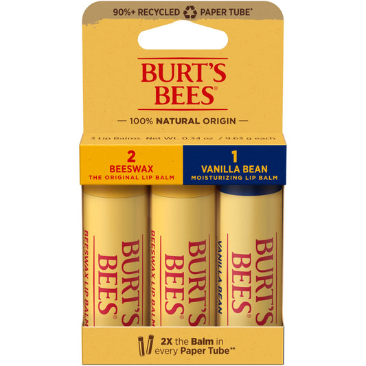 Burt's Bees Moisturizing Lip Balm, 2 Original Beeswax and 1 Vanilla Bean, 100% Natural Origin, 0.34 Ounce Each, 3 Paper Tubes, Pack May Vary