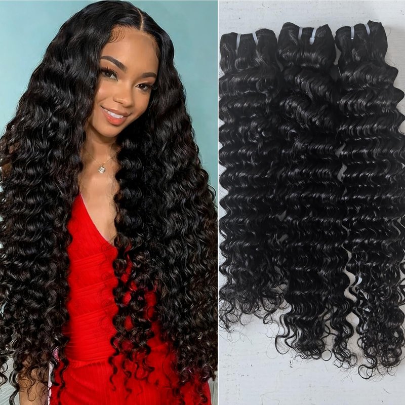 Weydlor Deep Wave Bundles Human Hair 18 Inch Curly Bundle Human Hair 100% Unprocessed Brazilian Virgin Hair Single Bundles for Women Wet and Wavy Hair Bundle Weave Extensions Natural Black