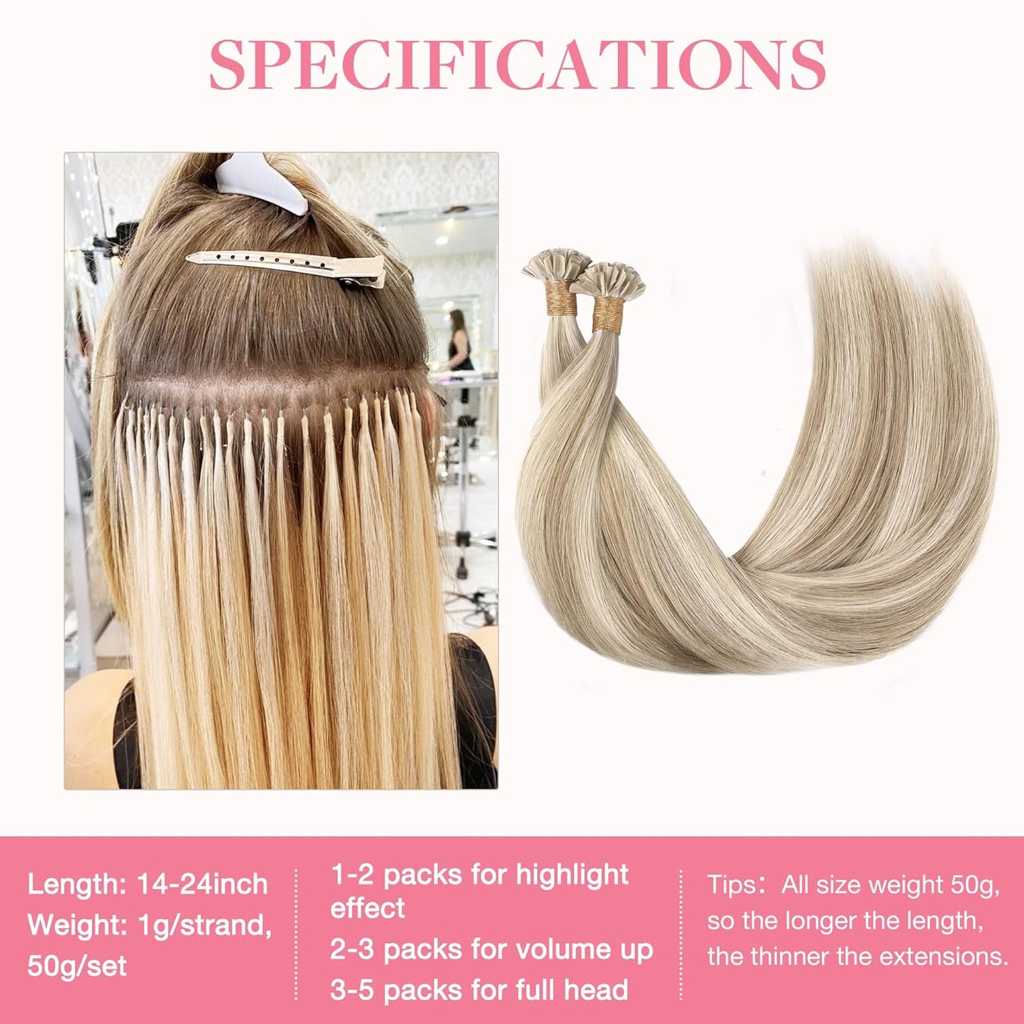 U Tip Hair Extensions - Real Human Hair, 14in 50g, Hot Fusion | Invisible Remy, Dark Blonde Highlighted Bleach Blonde
