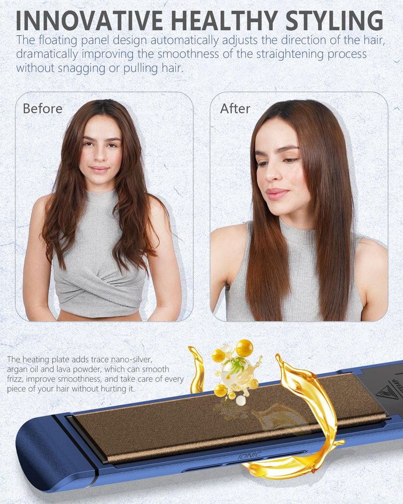 KUSNCA Professional Titanium Flat Iron, Hair Straightener and Curler Iron 2 in 1, Negative Ion Straightening, Dual Voltage Travel Pack, Front Anti-Scald Function, LCD 230°F-450°F, 1 Inch (Blue)