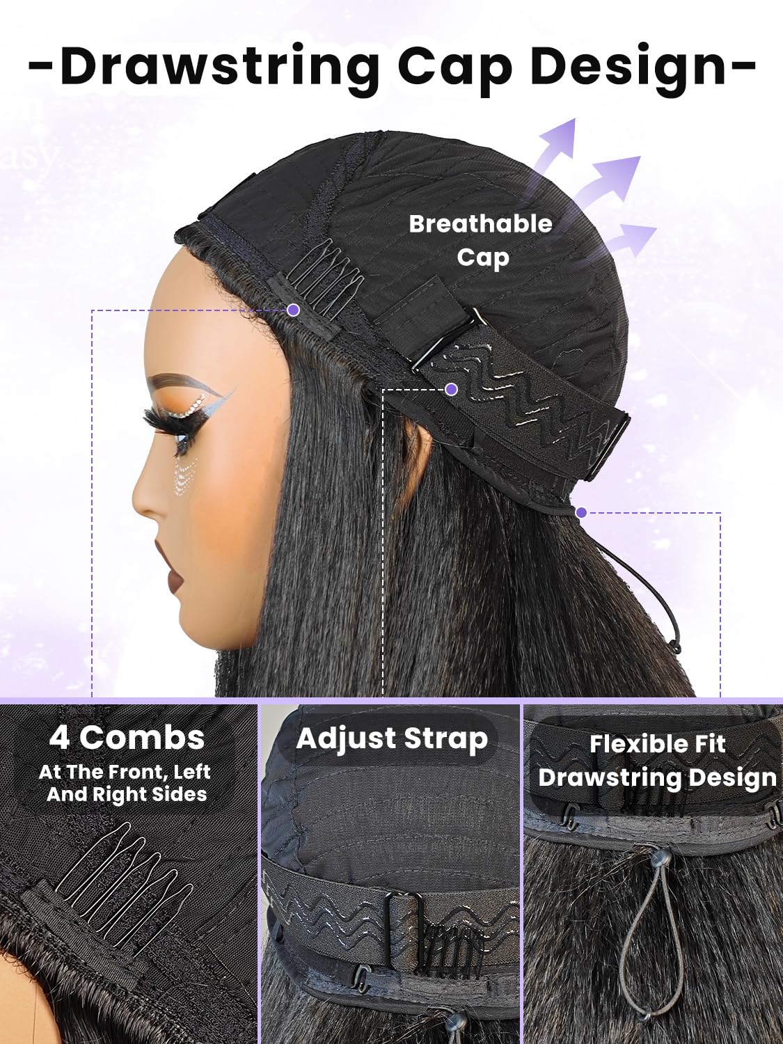 catti 3 In 1 Half Wig Kinky Straight Synthetic Hair Comfortable Fit Invisible Hairline Adjustable Drawstring Wigs for Seamless Hair Blending Ready to Go Headband Wig for Women 22 Inch